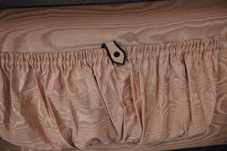 A blue morocco suitcase, moire silk lined, stamped Walker & Hall, outer cover 51cm wide x 36cm deep